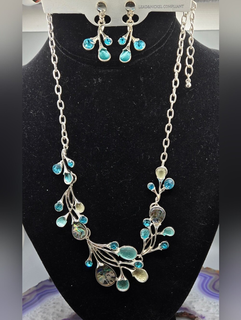 Fashion Jewelry Branch Necklace w/ Matching Earrings Silver Tone Abalone